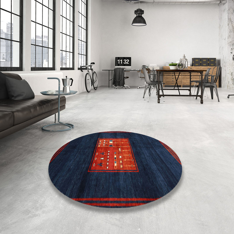 Tapis de zone bleu/rouge contemporaine, Rond 6 pi