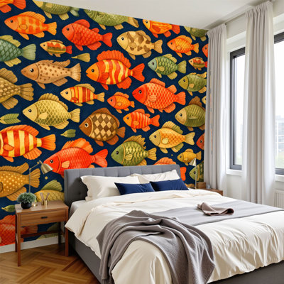 Papier peint adhésif à motif de poissons multicolores orange, jaune, vert, vert