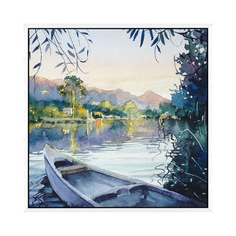 Dusk From The Dock - Malibou Lake by Luisa Millicent - Painting on Canvas, 45.72cm H x 45.72cm W x 3.81cm D, White Framed