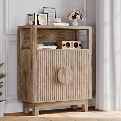Storage Cabinet, Farmhouse Cabinet With Adjustable Shelf & Doors, Small Fluted Coffee Bar With Open Compartment, Round Handle Sideboard For Living Room,kitchen, Grey Oak