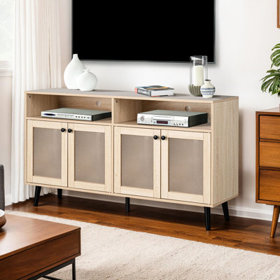 Meuble télé moderne de style Mid-Century au fini naturel, noir, bois d'ingénierie et métal, pièce principale de 32 pouces de hauteur avec finition, style, papier