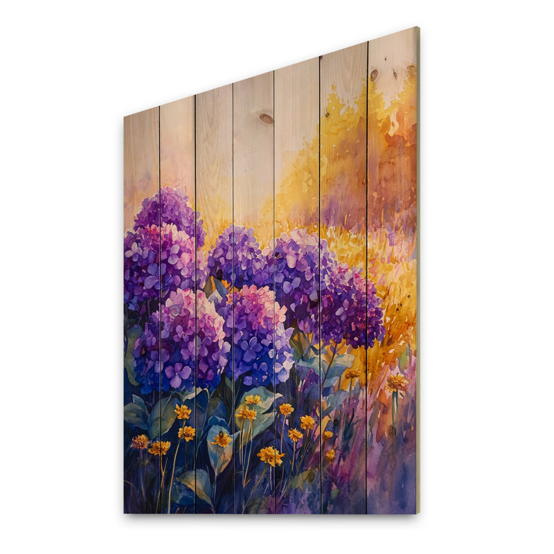 Hydrangeas In A Sunlit Field II - Hydrangea Wood Wall Decor - On Natural Pine Wood, 40" H x 30" W x 0.78" D