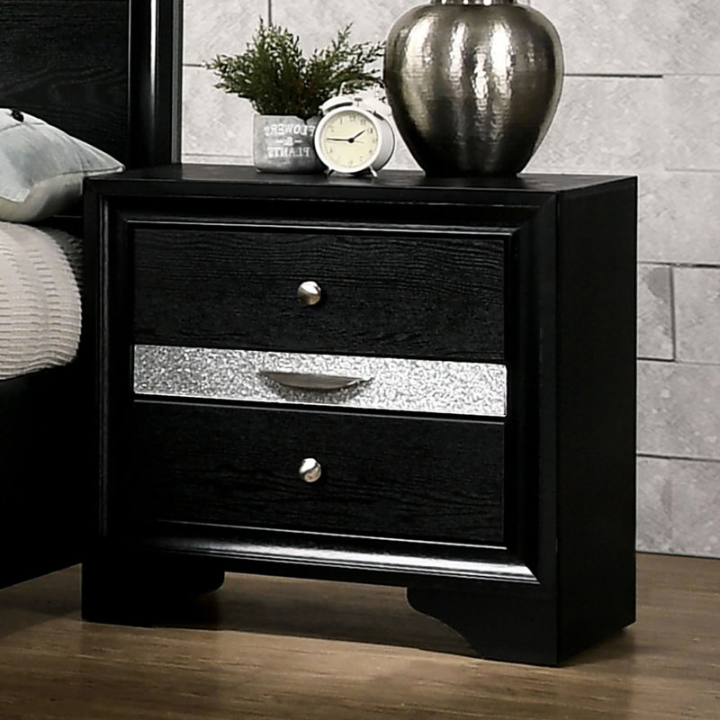 Table de chevet noire avec rangement - style contemporain, bois massif, détails modernes argentés, 2 armoires