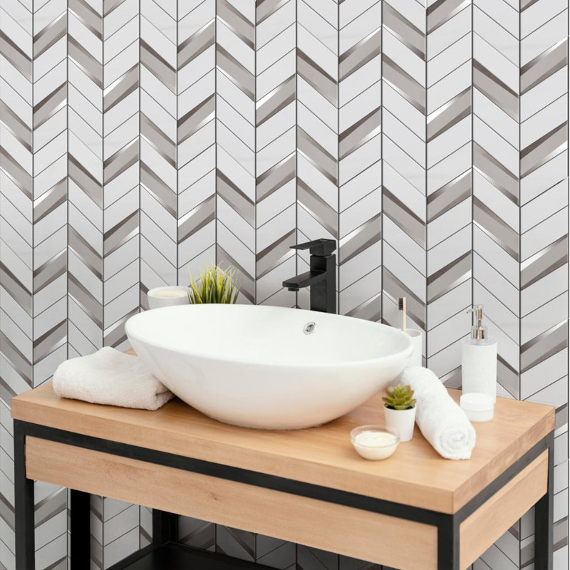Vena 2" x 5" Marble Chevron Mosaic Wall Tile, Silver/White