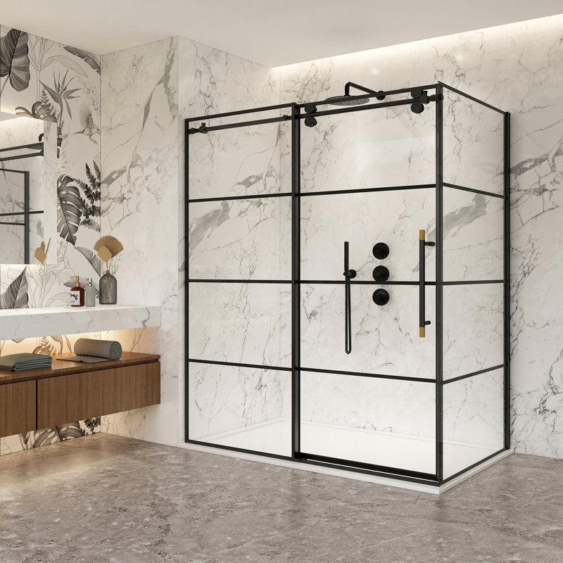 Losar 68'' Matte Black Framed Rectangle Shower Enclosure