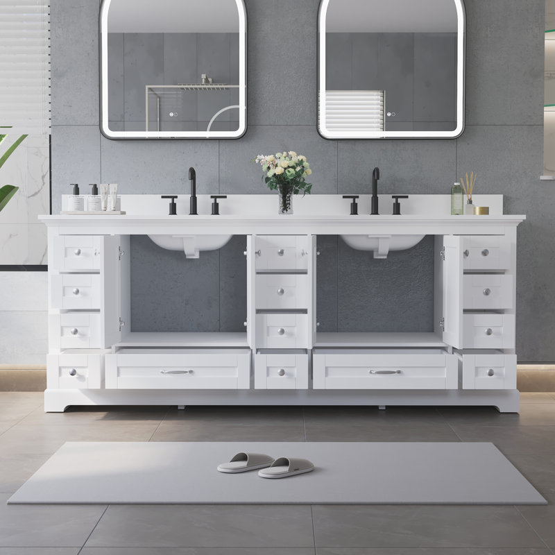 84''W Solid Wood Frame Bathroom Vanity With Pure White Culutered Marble Countertop And Double Sink, White