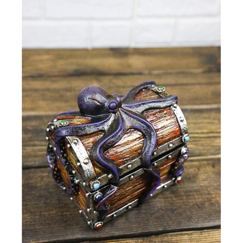 Nautical Octopus Tentacles On Small Treasure Chest Decorative Trinket Box Figure