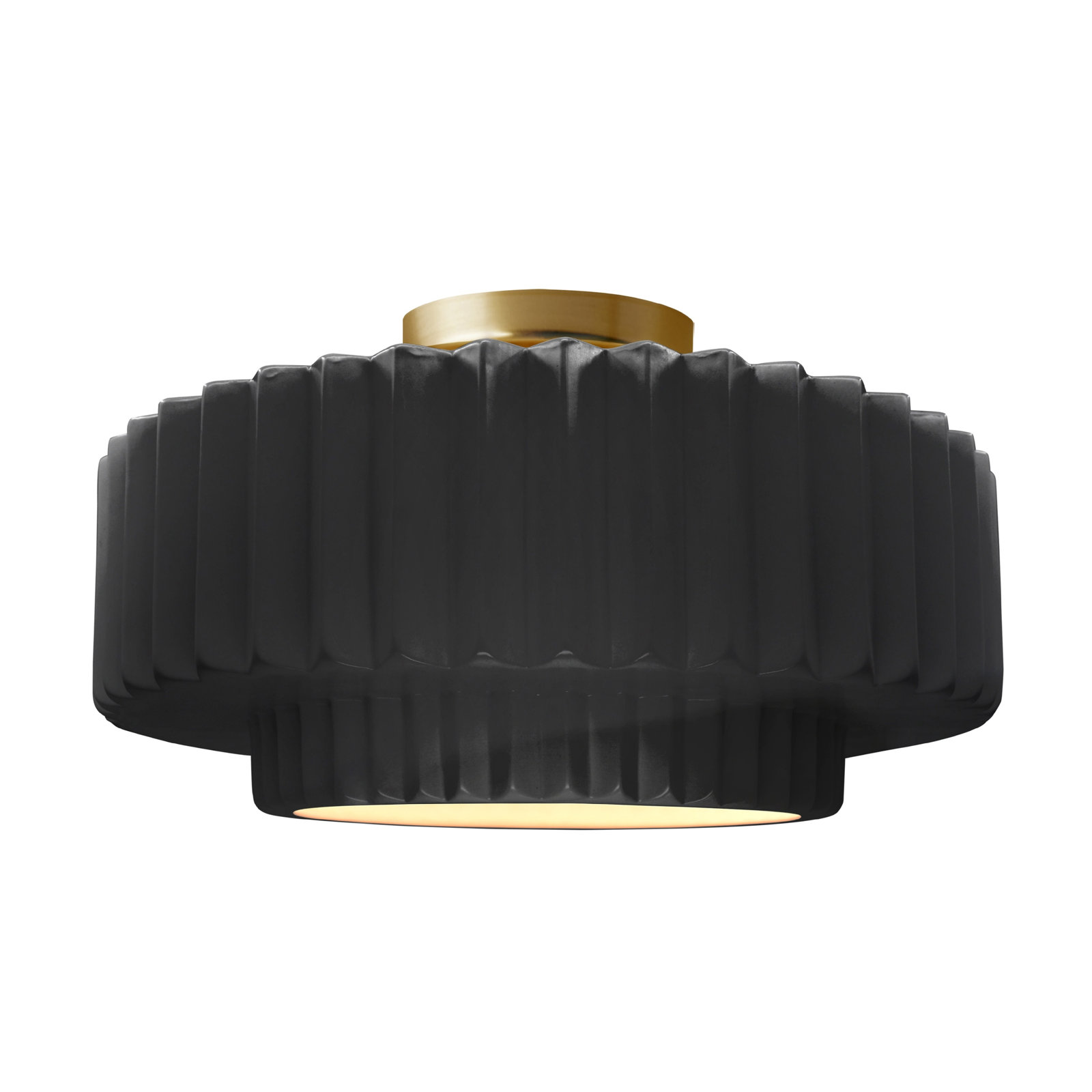 Single Light Ceramic LED Semi Flush Mount, 8" H x 16.5" W x 16.5" D, Gloss Black/Matte White, Brushed Brass
