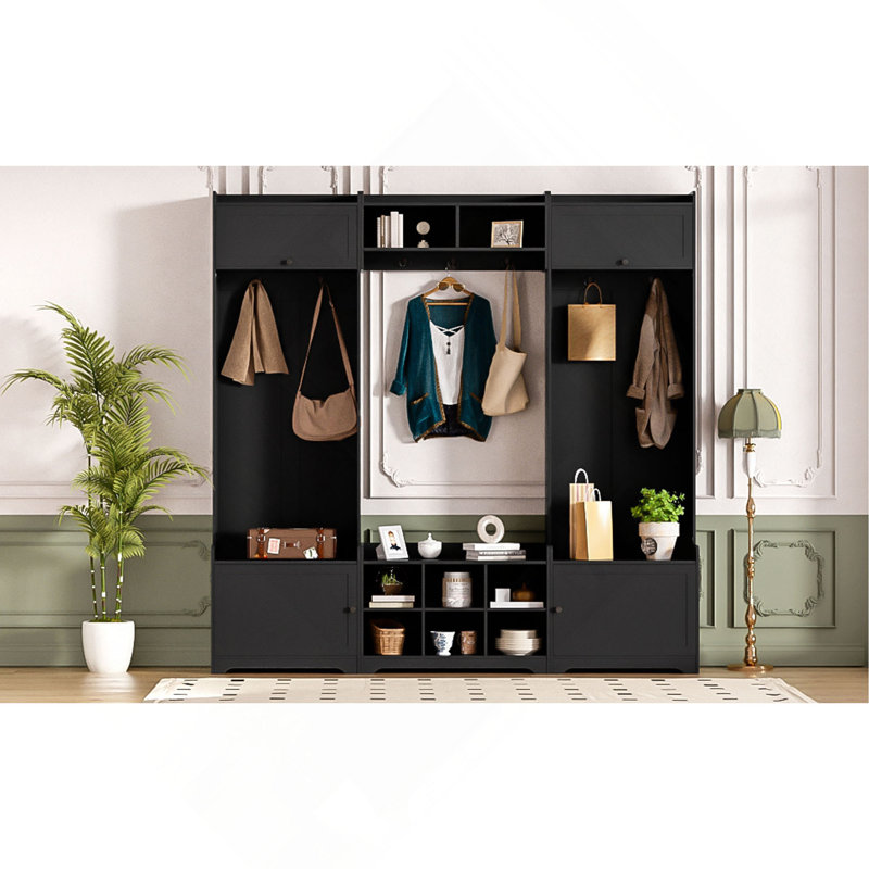 79.1''Wide Modern Hall Tree With Shoe Storage, 4-In-1 Entryway Bench With 8 Cubbies, 7 Coat Hooks & Adjustable Shelf For Hallway, Living Room