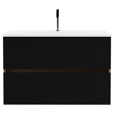 Meuble de salle de bain mural - Lavabo en céramique noire et noyer doux avec trop-plein d'espace de rangement. Motifs horizontaux élégants.