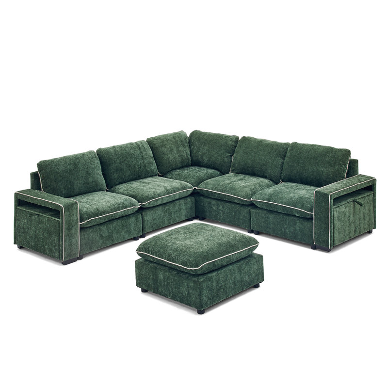 102.36'' W 6-Piece Green Chenille Modular Sectional With Storage Arm, Green