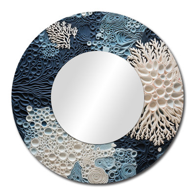 Collage sous l'eau de coraux bleus et blancs - miroir unique Coastal, grand miroir mural rond Coastal, impression d'art en métal