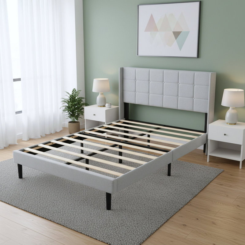 Structure de lit plateforme, tête de lit tapissier capitonnée avec support en lattes de bois massif, Light Gray