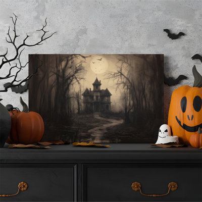 Canvas Wall Art - Ghostly Old Mansion & Birds under Full Moon, Gothic Realism - 24" x 36" for Living Room & Office