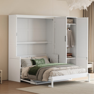 Grand lit escamotable mural avec placard, blanc