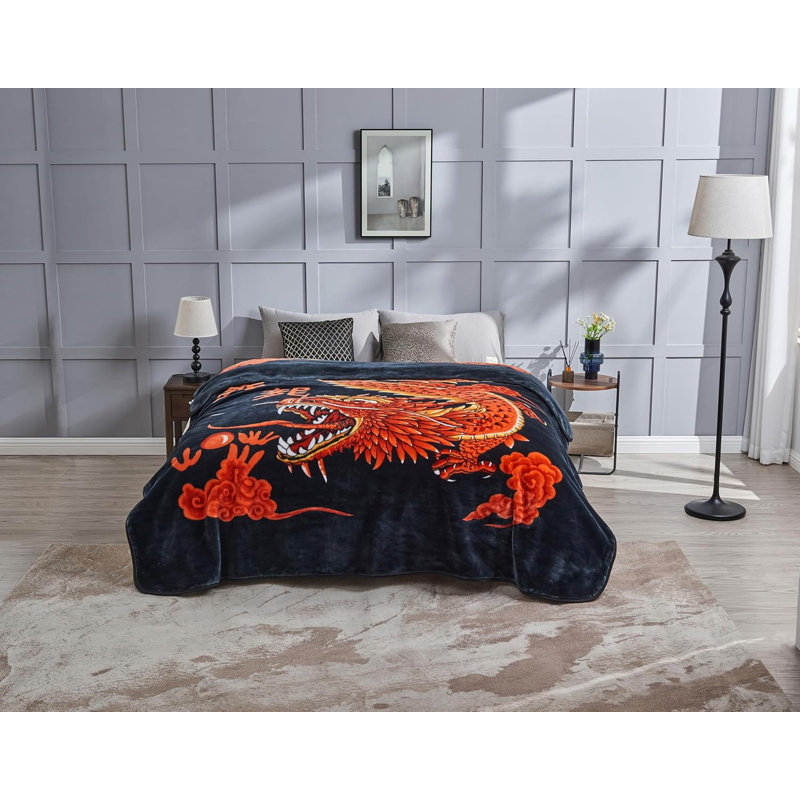Heavy Single Ply Korean Style Mink Blanket, Red Dragon, 95" L x 85" W