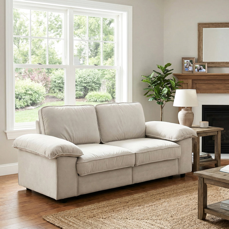 Crème blanc 2 avec compartiment caché, format compact de 79 pouces pour, sièges moelleux et rembourrage en velours rembourré, petits salons design, dossier à coussin de pieds