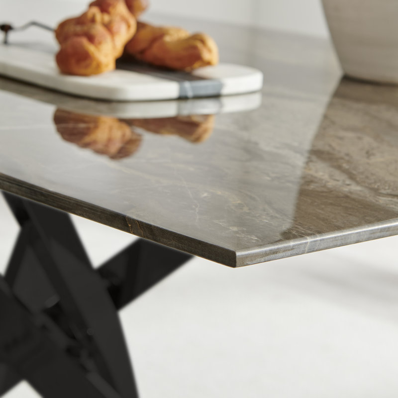 Lenworth Luxury Marble Effect Glass 6 Seater Dining Table - Modern Statement Design, Black, Grey