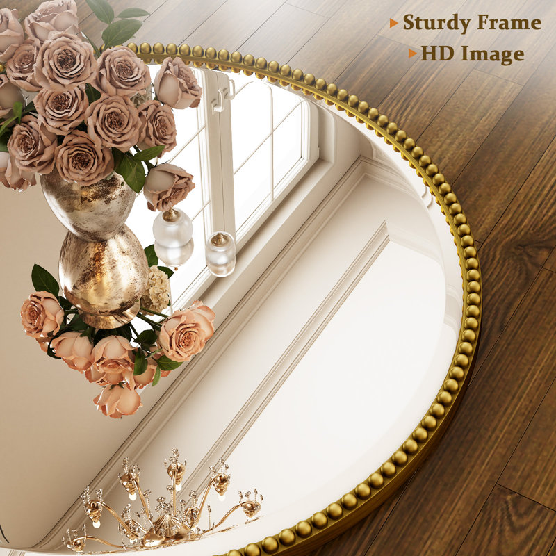 Miroir de salle de bain décoratif perlé avec cadre en résine, Doré, H 28 po x l 28 po