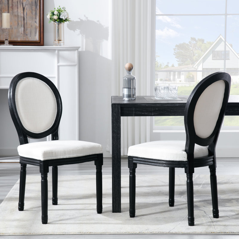 Chaises d'appoint à dossier Louis King en bois massif revêtu de lin Fiquett, Beige, Noir, noir, noir, noir