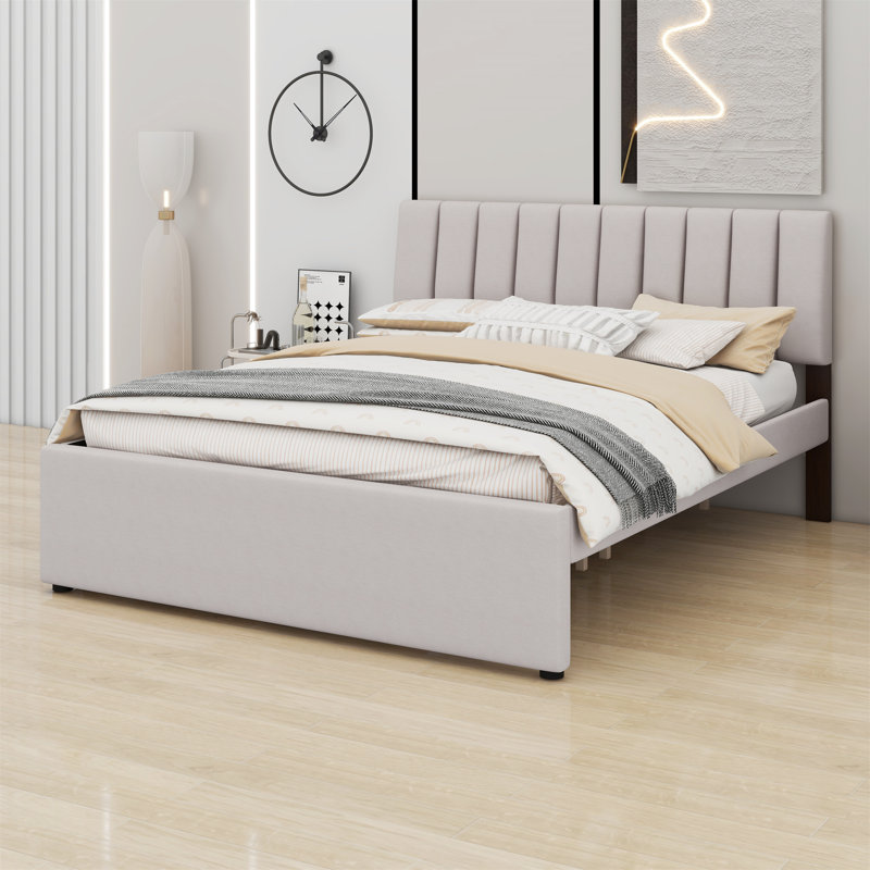 Grand lit plateforme tapissier en molleton avec gigogne, Beige, Grand
