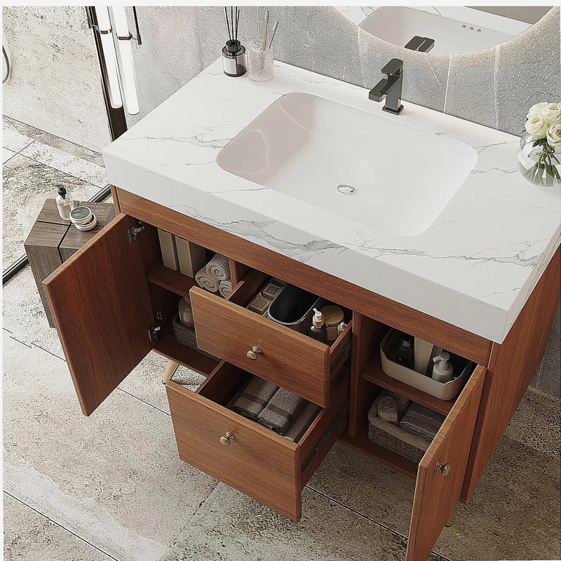 36" Modern Freestanding Bathroom Vanity with Sintered Stone Top, Ceramic Sink & Smart Storage, Walnut/Gold