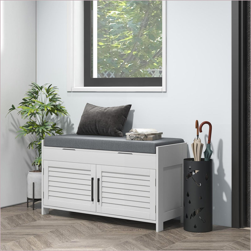 Banc à chaussures avec rangement, coussin et amp; Banc de hall d'entrée moderne ivoire 35,4 po Shutter Doors | Ivoire | Panneau de fibres à densité moyenne