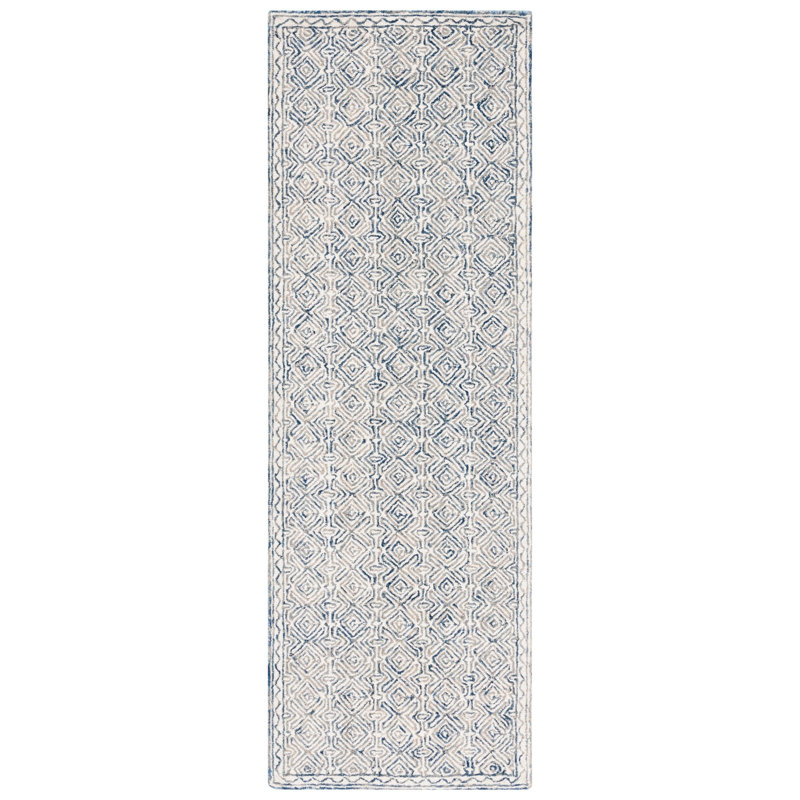 Basham Geometric Handmade Tufted Wool Navy/Cream Area Rug, Runner 2'3" x 7'