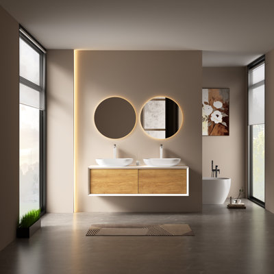 55" Double Bathroom Vanity Wall-mounted Floating vanities with White Solid Surface Top,2 Drawers Modern