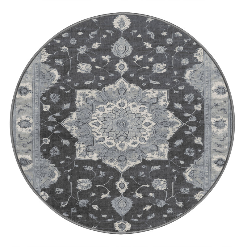 Tapis gris Tabriz lavable à la machine, Rond 5 pi