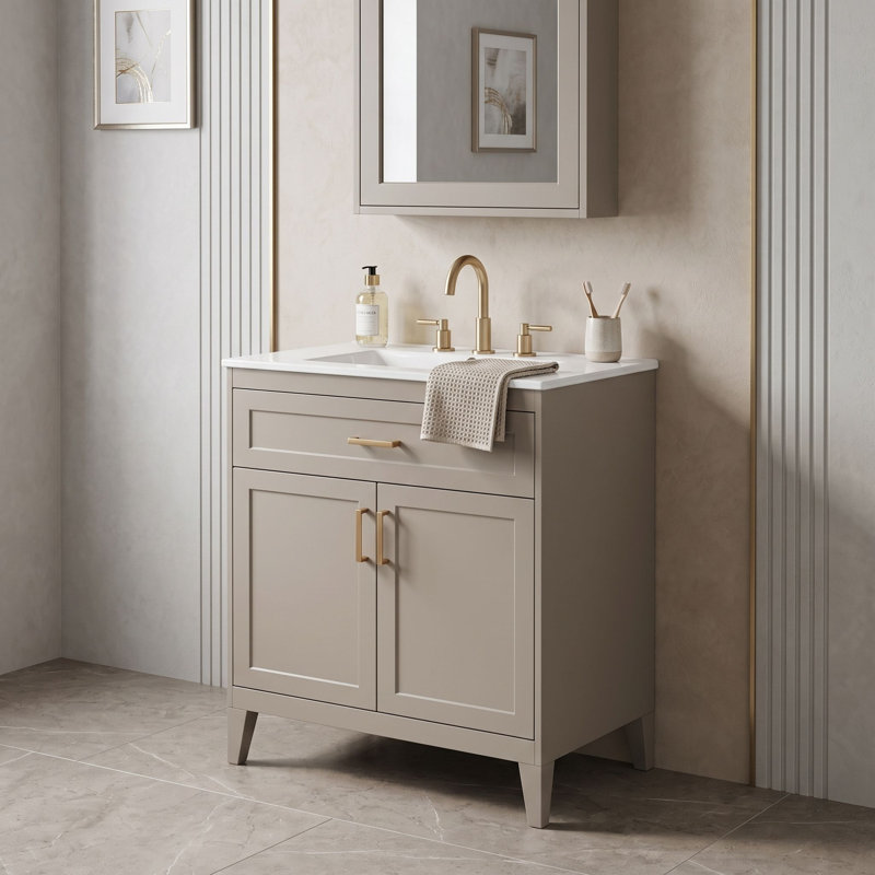 Meuble-lavabo autoportant avec lavabo en céramique, charnières à fermeture en douceur, tiroir basculant, tablette réglable et supports de porte