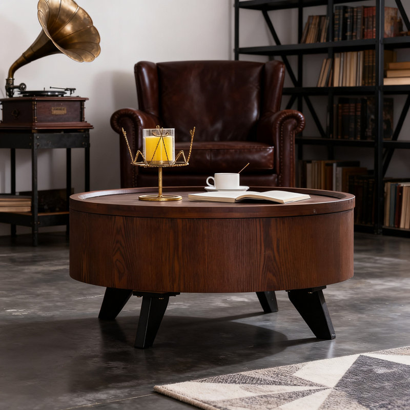 Table basse ronde avec rangement caché, plateau amovible et piédestal robuste pour les salons modernes, assemblage facile