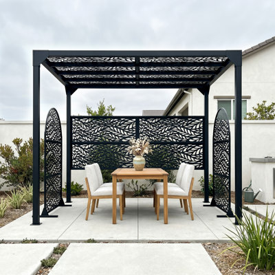 9.8'X7.9' Metal Pergola & 2 Pcs Metal Privacy Screen Fence Panel, Steel Frame Patio Pavilion For Outdoor Backyard Garden