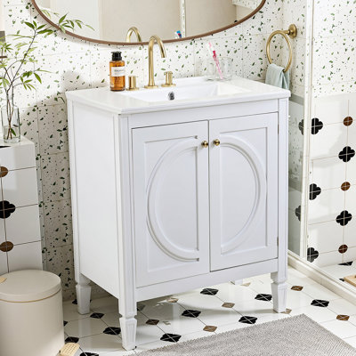 Meuble-lavabo blanc de 30 po sans assemblage requis avec lavabo en céramique, deux portes à fermeture en douceur et tablette réglable, style campagne moderne