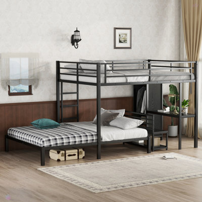 Structure de lit superposé avec garde-robe intégrée, lit superposé en métal avec bureau et chaises de rangement