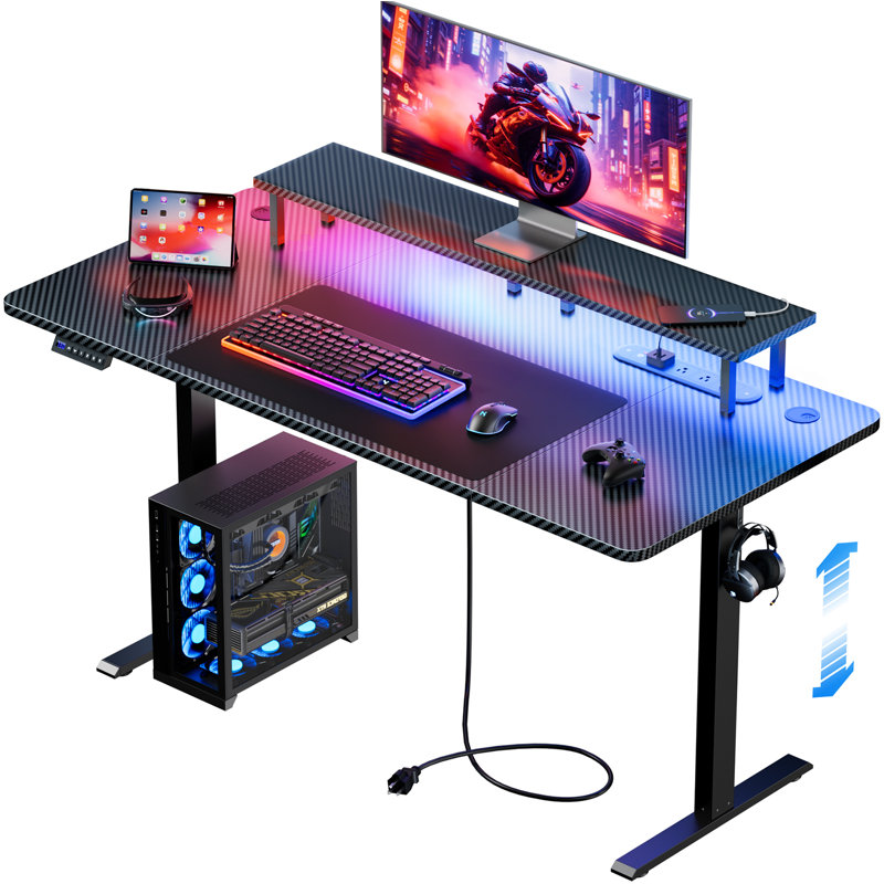 LED Electric Standing Sitting Desk 47", Height adjustable Gaming Desk with Built-In Socket & USB Port, Computer Table with Monitor Stand, 3 Memory Functions, Gaming Table Black