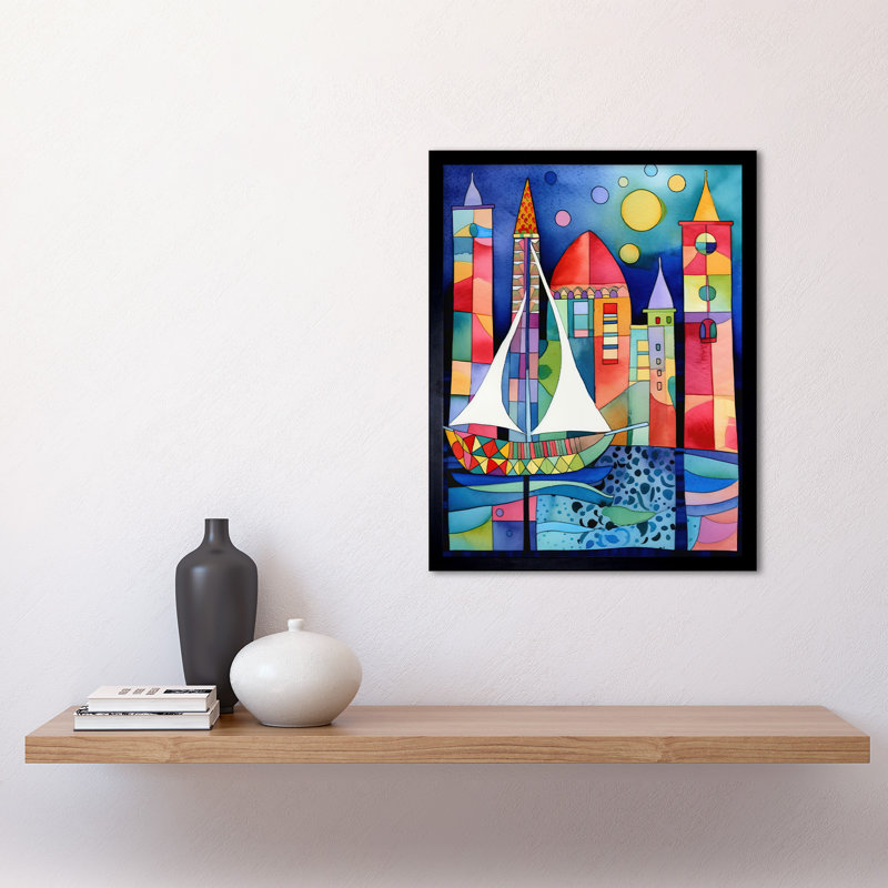 Marina At Night Colourful Folk Art Watercolour Painting Art Print Framed Poster Wall Decor 12x16 inch