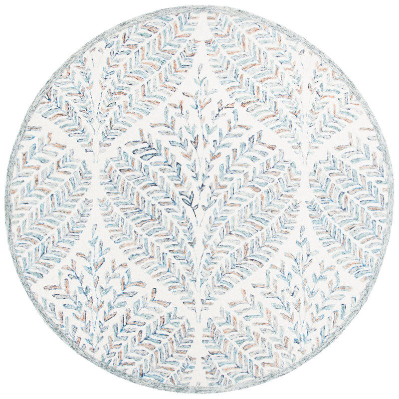 Ikat Handmade Tufted Wool Ivory/Blue Area Rug, Round 4'
