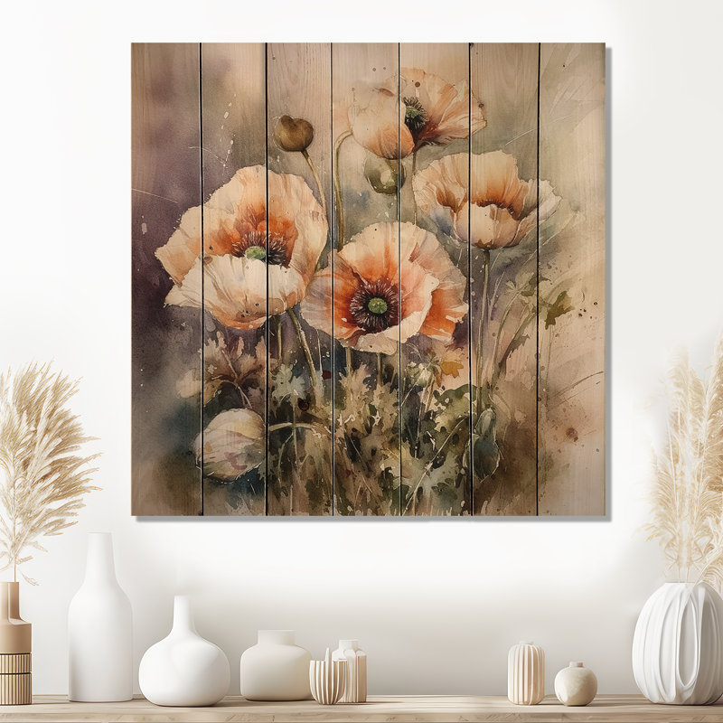 Orange Peonies Blooms II - Unframed Print on Wood, 15" H x 15" W x 0.78" D