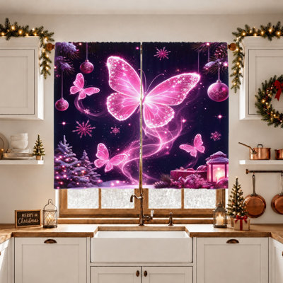 2Pcs Glowing Butterfly Curtains, Light Filtering, Romantic Swirls & Sparkles Design, Privacy Protection, Rod Pocket, for Living Room, Bedroom, Balcony Home Decor