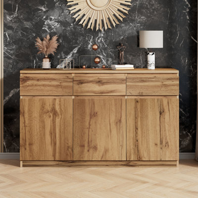 Jaxenor Oak Sideboard with 3 Doors and 3 Drawers, Farmhouse Buffet Cabinet with Wine Storage and Adjustable Shelves, Console Table for Dining Room, Living Room and Kitchen