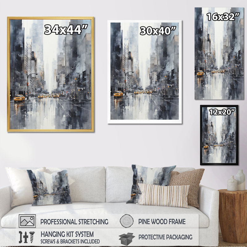 Impression sur toile grise, jaune, minimalisme et rythmes de la ville I, H 32 po x l 16 po x P 1 po, Toile tendue