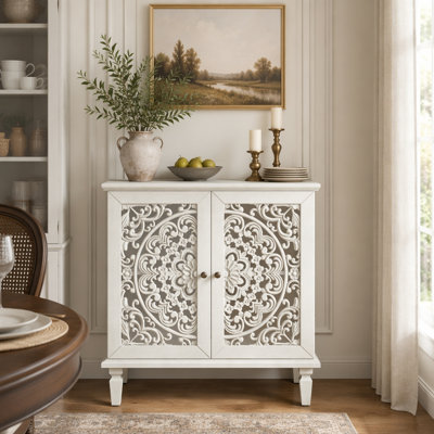 Commode d'appoint rétro sculptée, buffet de rangement à 2 portes avec motif floral symétrique, tablette réglable et pieds en bois massif pour le vestibule du salon