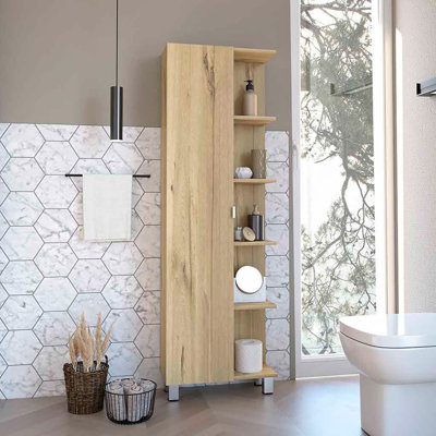 Armoire de coin, cinq tablettes ouvertes, une porte, finition chêne clair