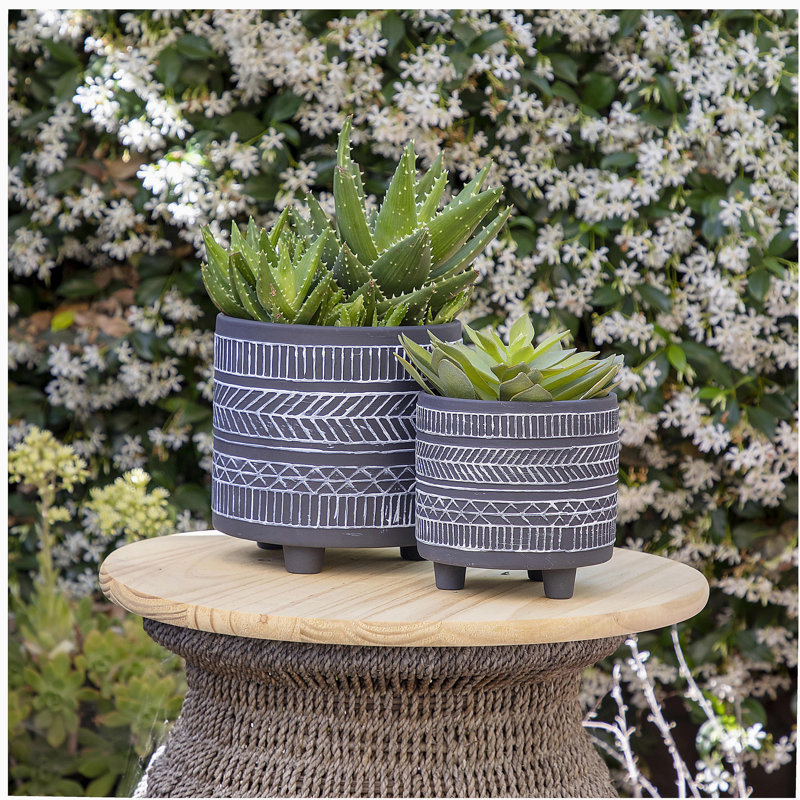 S/2  TRIBAL LOOK FOOTED PLANTER 6/8", BLACK