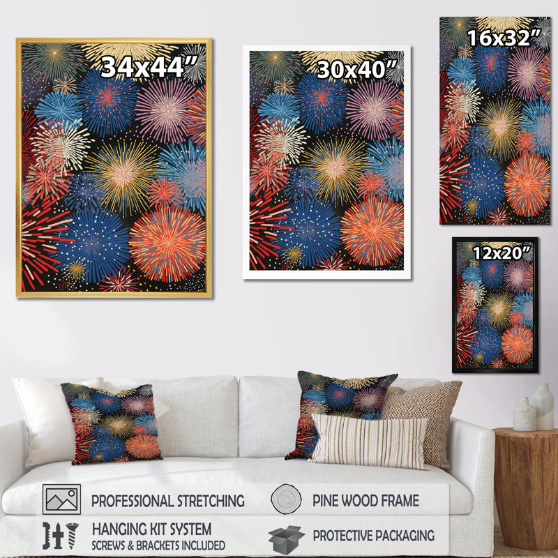 Colourful Fireworks Spectacle - Print on Canvas, Gold Single Picture Framed, 40" H x 30" W x 1.5" D