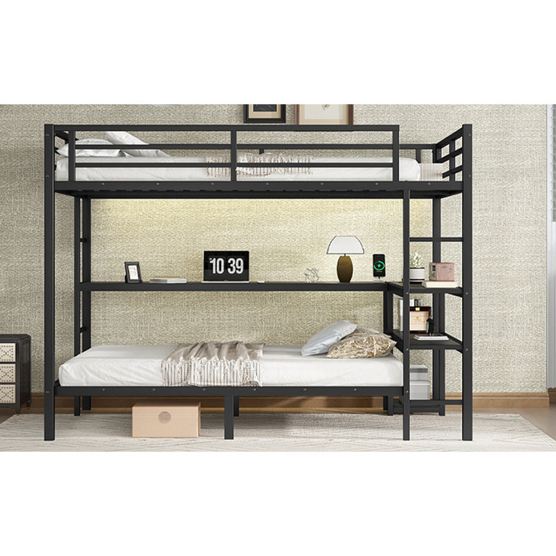 Lit superposé avec bureau et tablettes multiples, avec DEL et USB