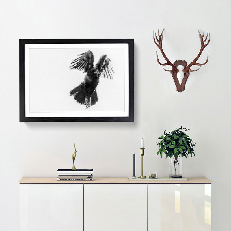 Raven Bird in Flight - Picture Frame Painting Print, 27cm H x 36cm W x 2cm D, Black Framed