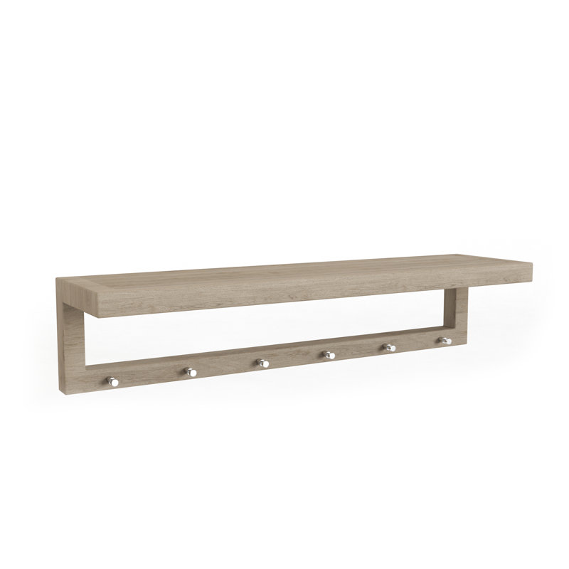 Moa Mist-Shield Teak Wall Shelf with Hooks, 8" H x 36" W x 9" D