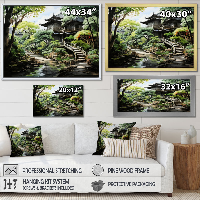 «Japon Zen Garden Serenity I», reproduction sur toile, Cadre simple blanc, H 16 po x l 32 po x P 1 po